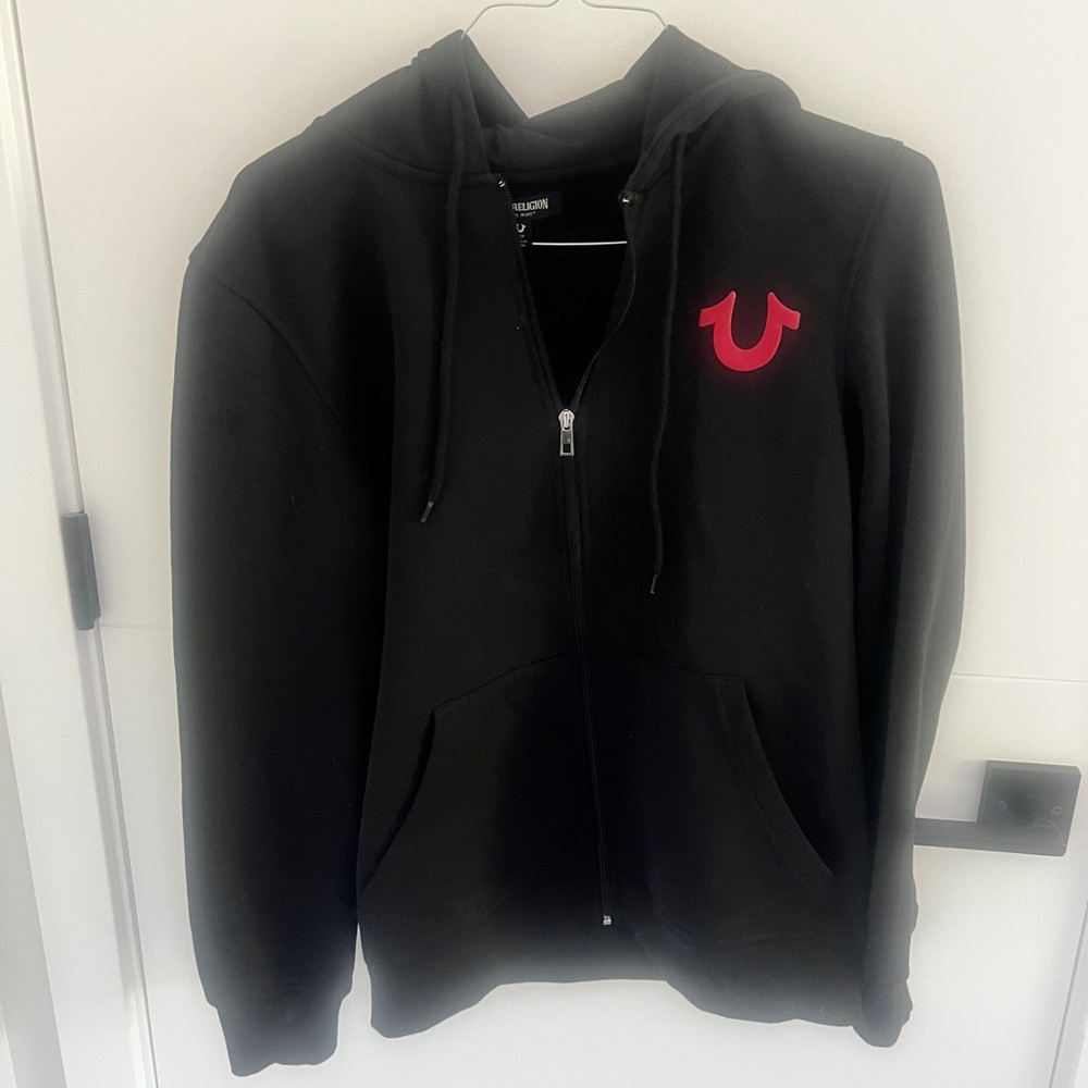 True Religion Black Hoodie with Red Logo Accent